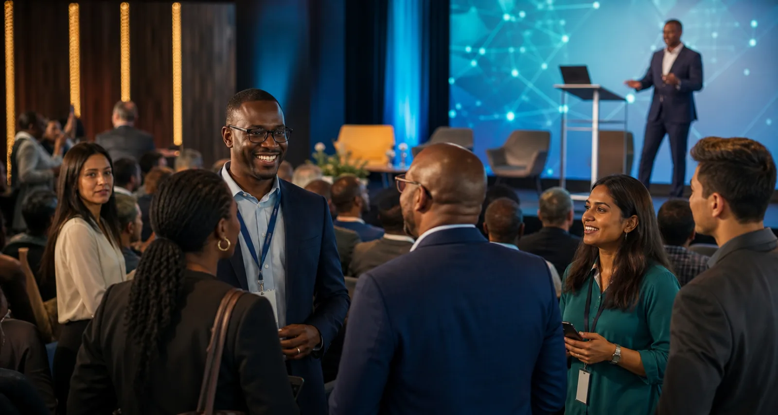 Professionals networking at a technology industry event