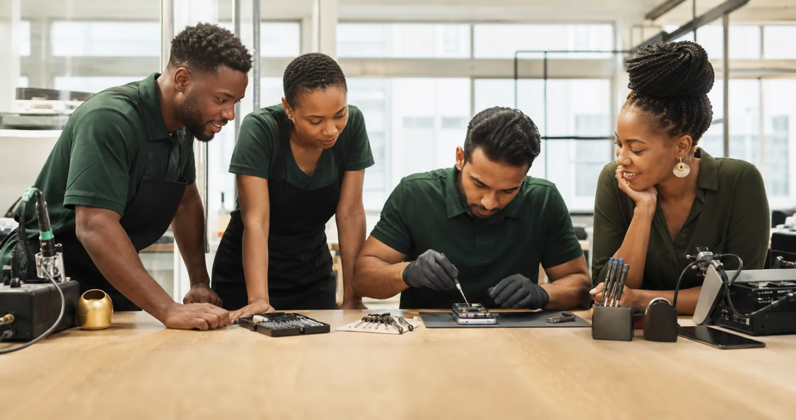 Mobile-device repair professionals working together in a modern workshop